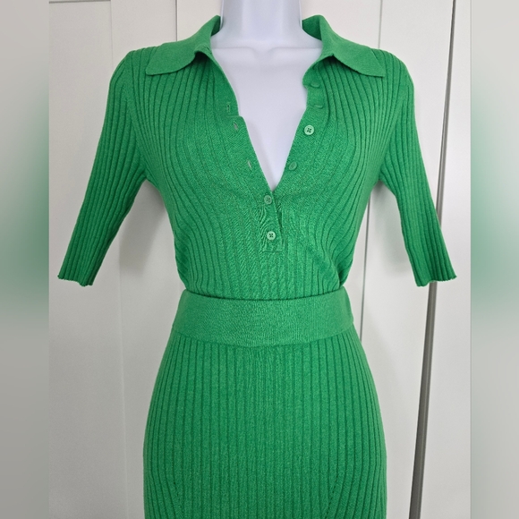 NWOT Rare Retro Fun Ribbed Pointelle Knit Polo & Midi Skirt Set - Picture 8 of 9